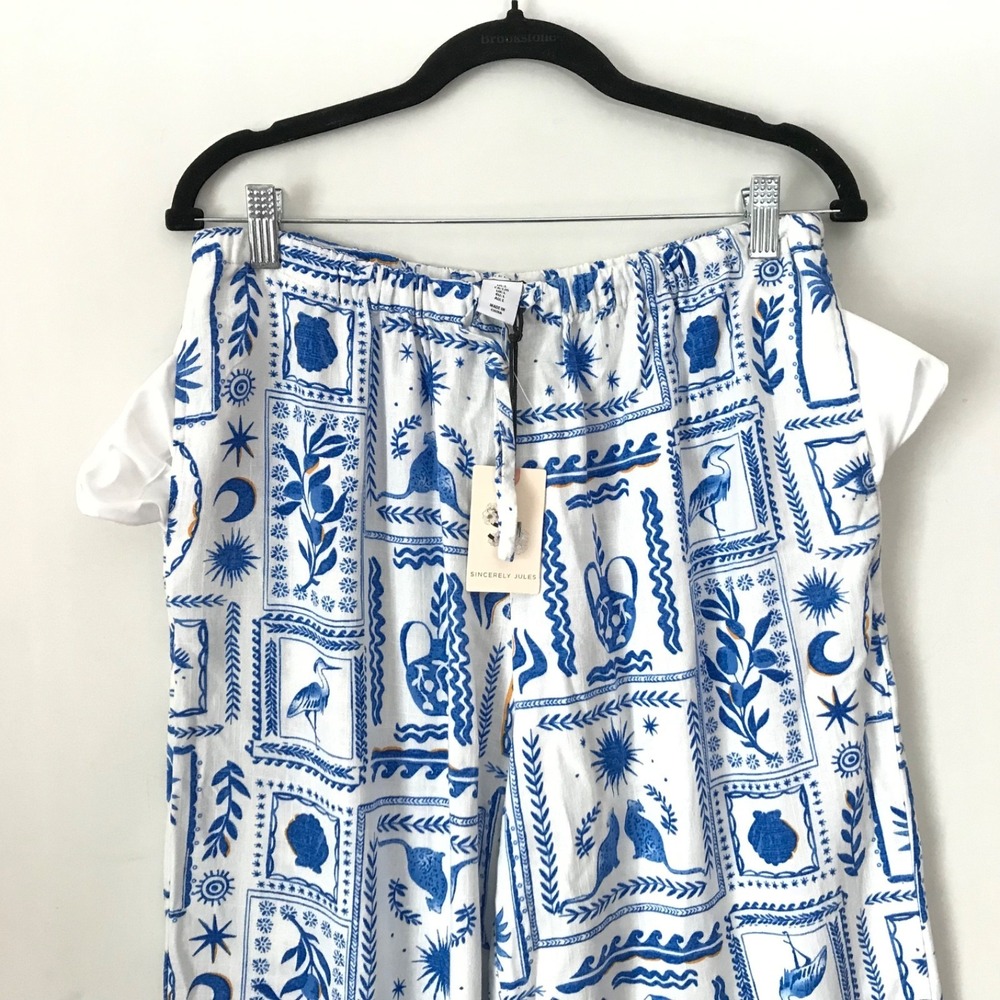 SINCERELY JULES Cream Blue Linen Blend Elastic Waist Wide Leg Pants Size L - NEW - Picture 6 of 8